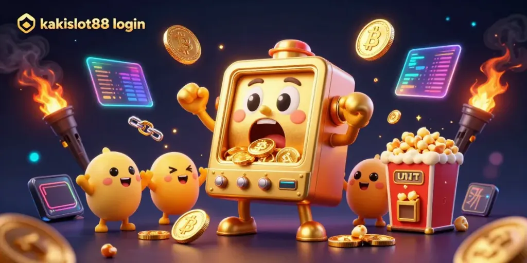 Slot jackpot di kakislot88 login dengan mesin slot emas dan koin bersinar.