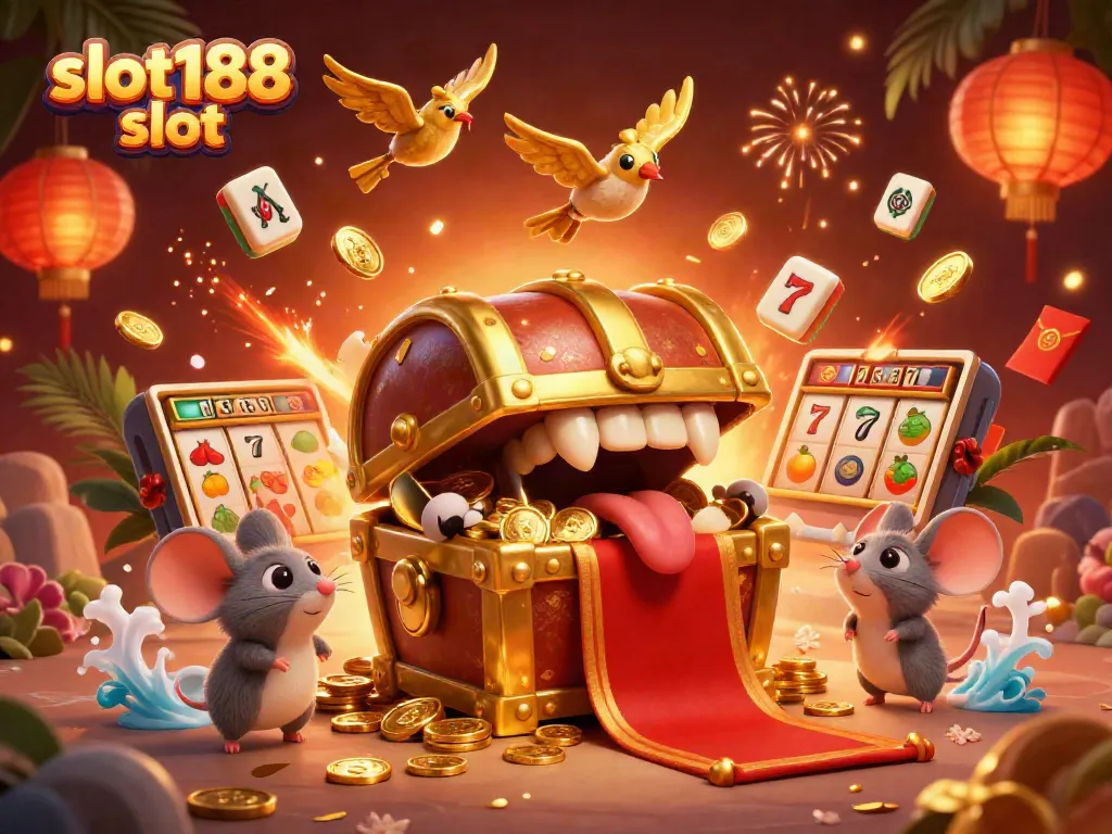 Permainan slot188 slot menampilkan peti harta karun 3D menarik dengan simbol buah dan jackpot yang mencolok.