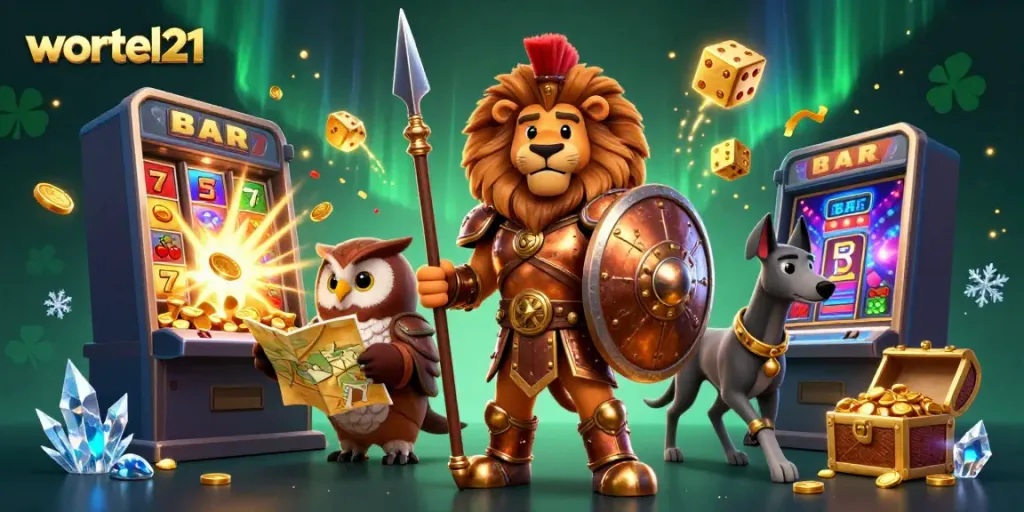 Wortel21 menawarkan jackpot besar dalam sebuah ilustrasi kasino berwarna-warni yang menampilkan karakter menarik.