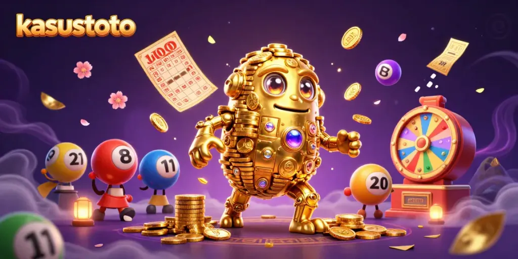 Gambar menarik kasustoto yang menampilkan golem emas bertema kasino dikelilingi elemen permainan yang ceria
