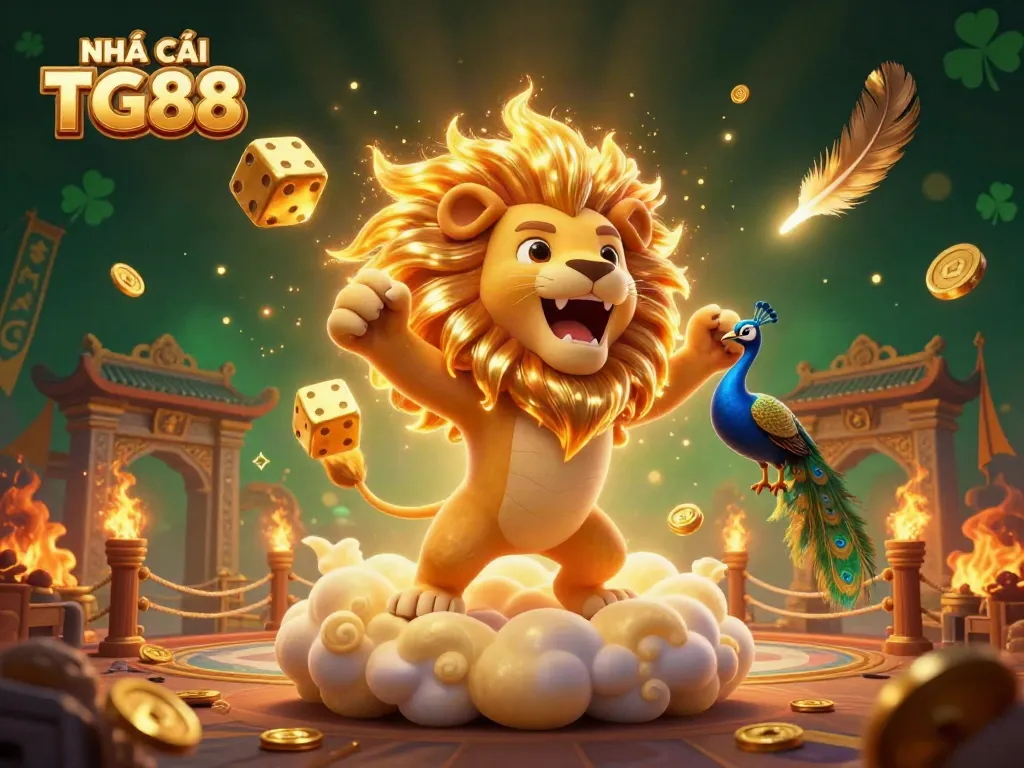 Engage with NHÀ CÁI TG88 in an action-packed casino scene featuring a roaring lion and golden dice.