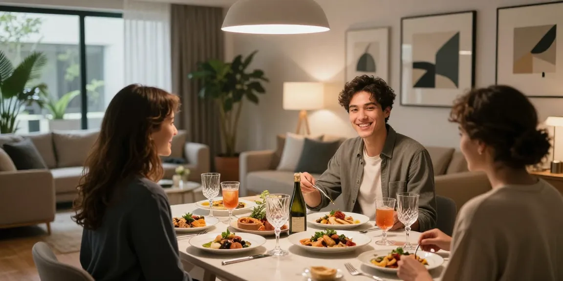 Momen acara makan malam mewah di rumah dengan LUXURY12 Daftar, pasangan muda menyajikan hidangan gourmet di meja makan elegan.