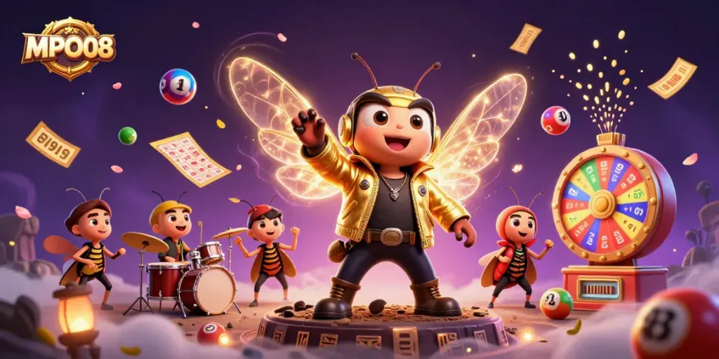 MPO08 brings lively action with a cicada rock star, colorful lottery balls, and game excitement.