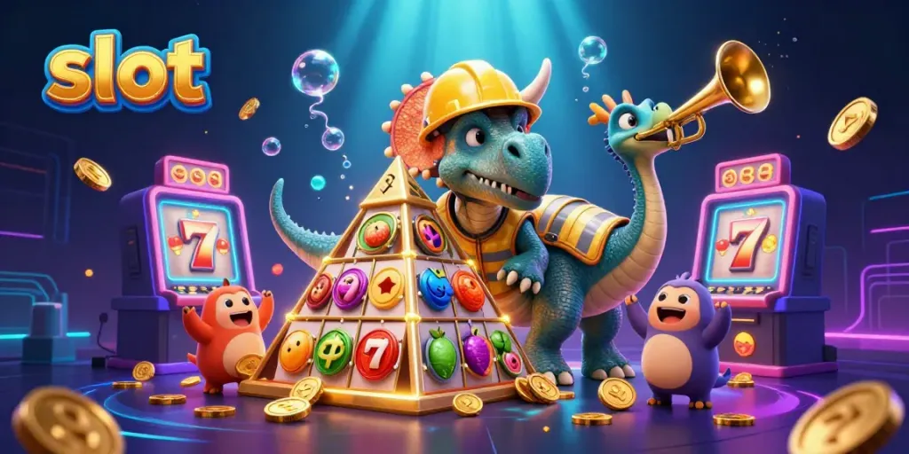 Engage with dynamic slot action featuring a triceratops and a parasaurolophus amidst vibrant slot machines.