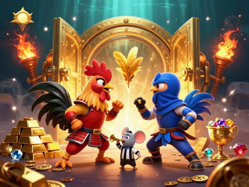 Experience exhilarating battles with fighting roosters in the vibrant sun-lit online casino.
