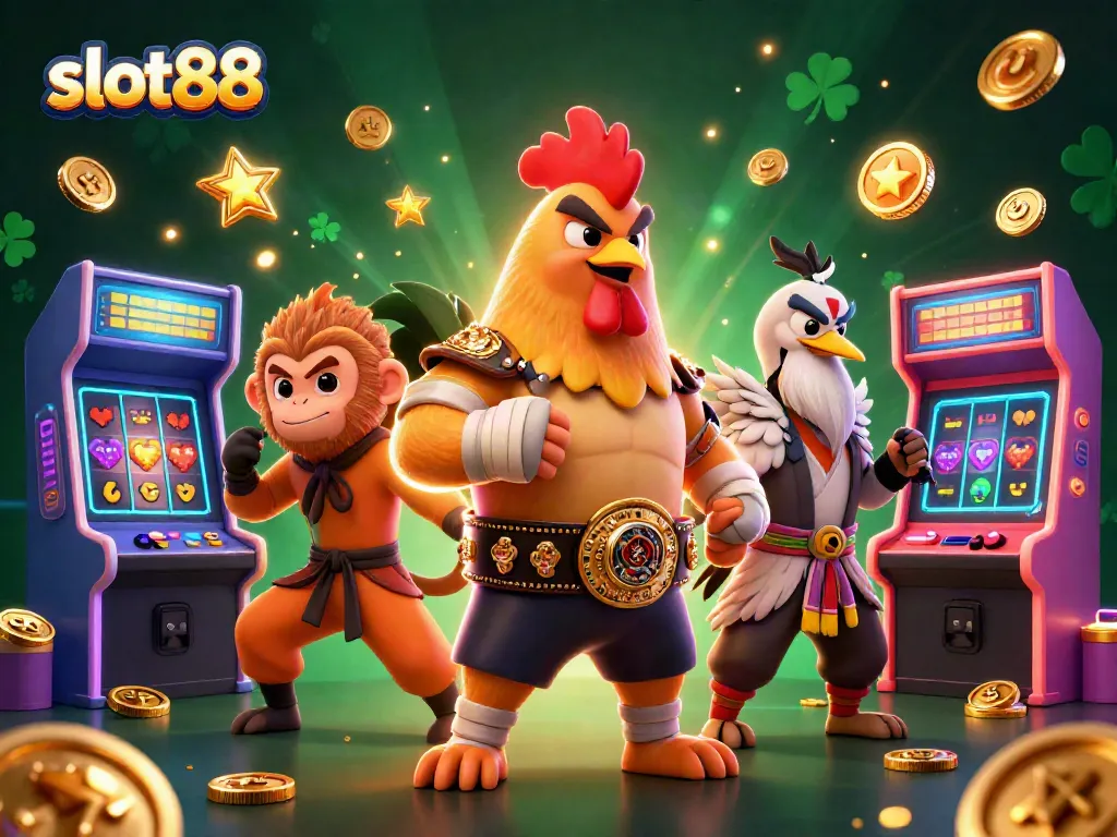 Permainan slot88 yang seru dengan karakter kartun dan elemen mesin slot berkilauan.