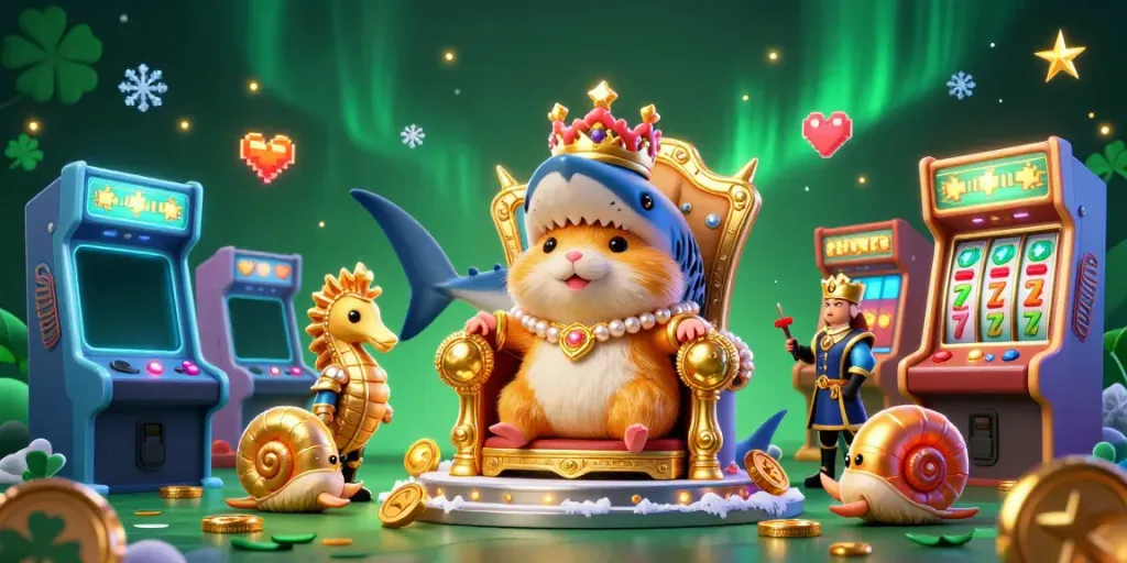Permainan slot online ramtoto dengan raja hamster emas dan penjaga kuda laut dalam ilustrasi kreatif.