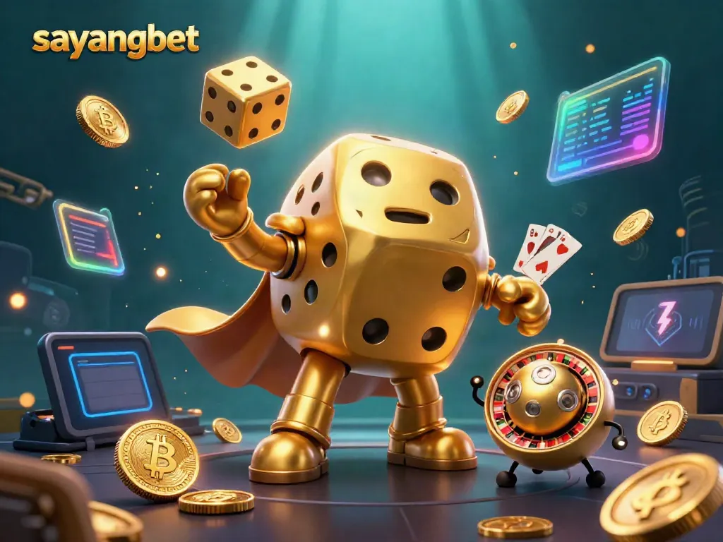 Win big with sayangbet while enjoying golden dices, Bitcoin, and Ethereum in a vibrant casino scene.