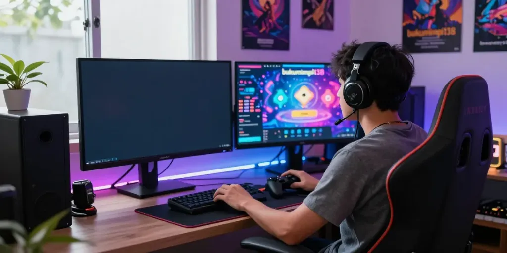 Pemain terlibat dalam platform 'bukumimpi138' dengan grafik menarik di layar, menciptakan suasana gaming yang dinamis dan mengundang.