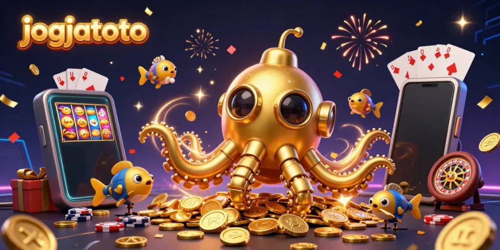 Engage in excitement with jogjatoto's colorful 3D slot games, vibrant coins, and dynamic casino elements.