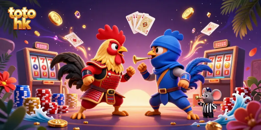 Menampilkan pertarungan antara dua ayam jantan, toto hk, di arena judi yang berkilau dengan koin emas dan kartu permainan.