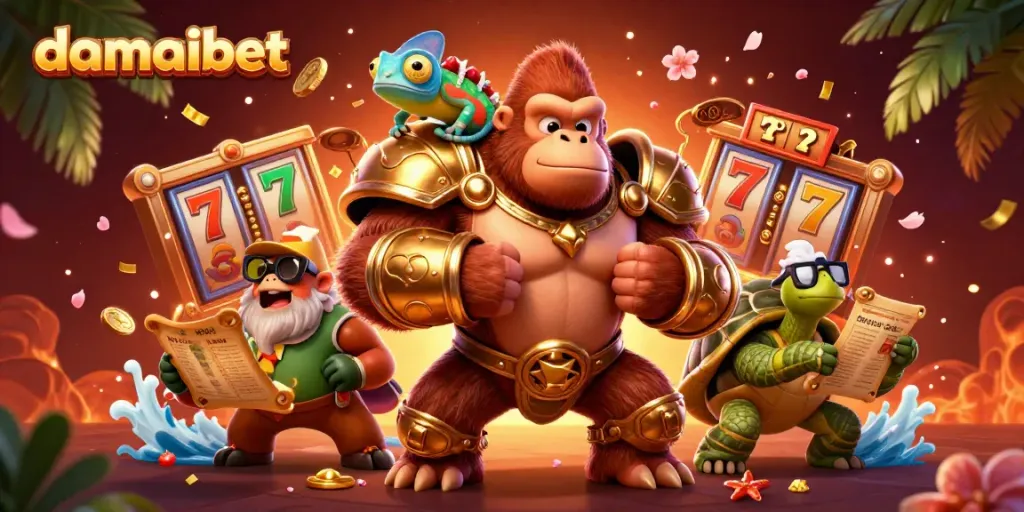 Menang di damaibet dengan gorila 3D kuat dan elemen kasino mengelilinginya.