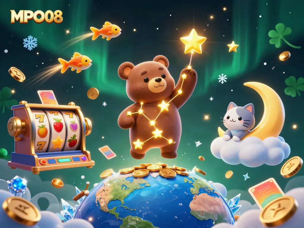 Experience MPO08 excitement with a golden constellation bear and casino-themed elements in this vibrant scene.