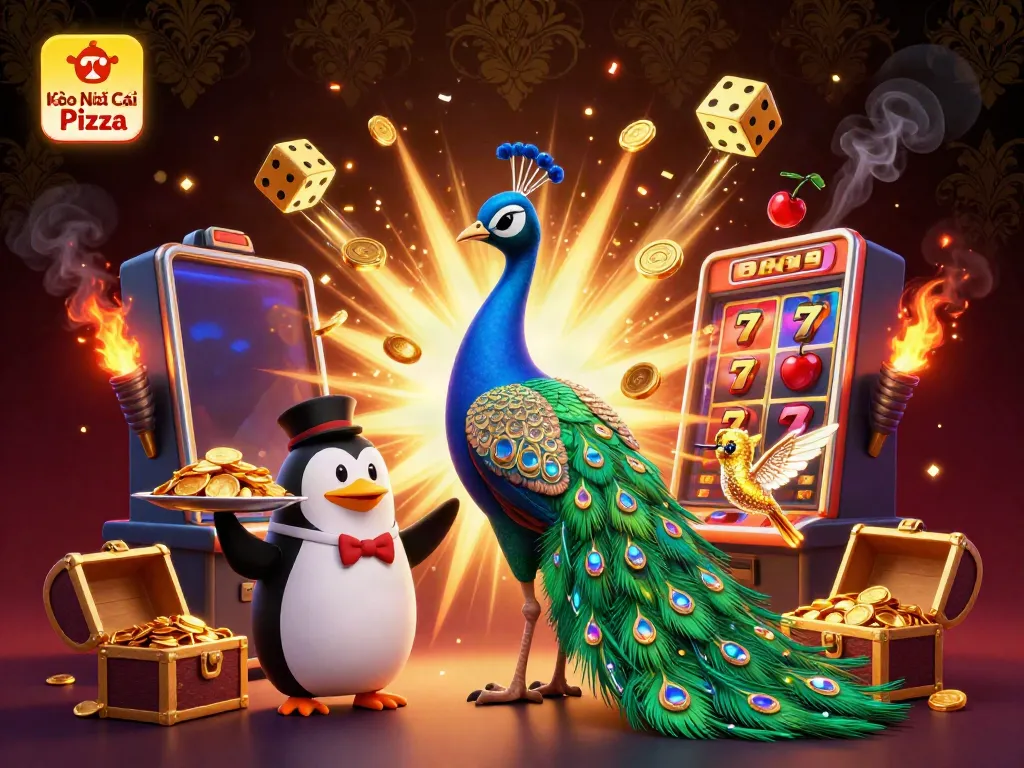 Kèo Nhà Cái Pizza explores a vibrant casino scene with a cartoon peacock and penguin amid a jackpot explosion.
