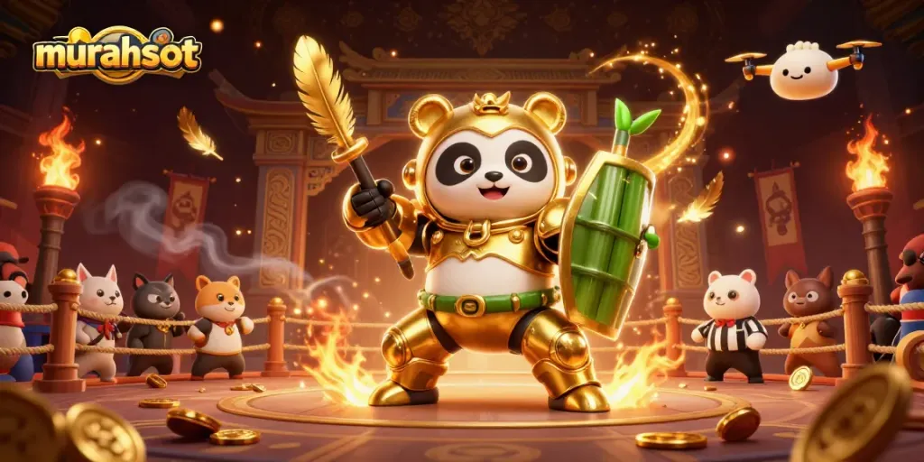 Experience the thrill of murahslot through dynamic 3D illustration of a mech-suit panda in a vibrant gambling arena.
