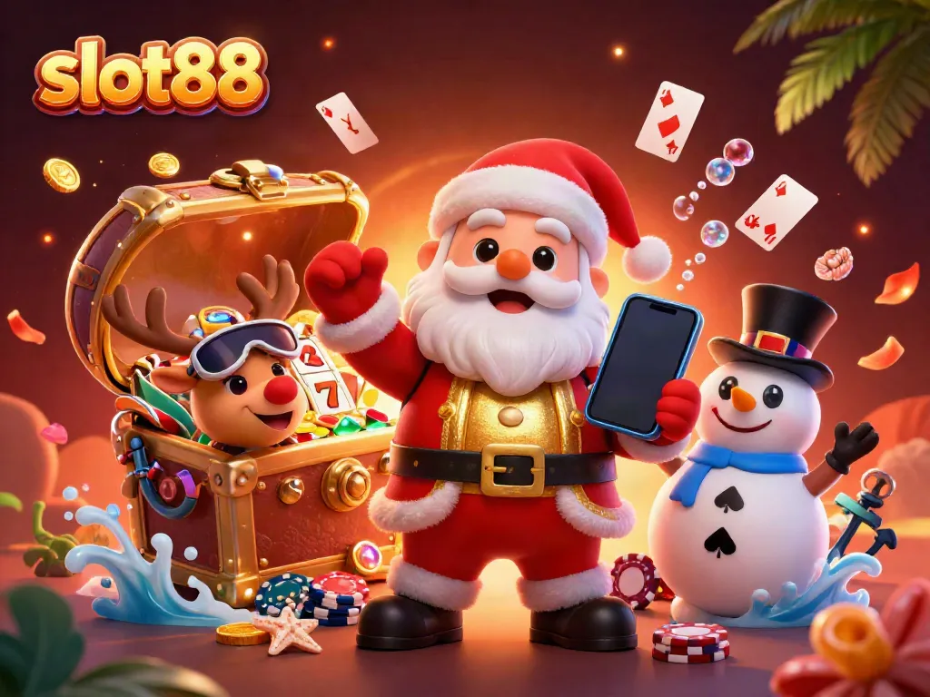 Engage in thrilling slot88 experiences with a festive casino scene featuring Santa and friends.