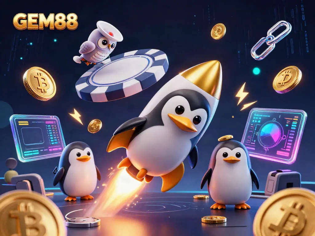 Join the action at GEM88 with the golden penguin and vibrant crypto elements in a dynamic casino-themed universe.