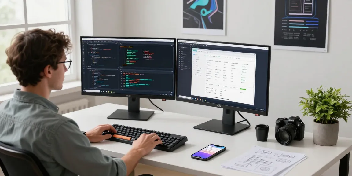 Developer menggunakan IMBAJP dalam suasana kantor teknologi modern dengan monitor dan alat kerja.