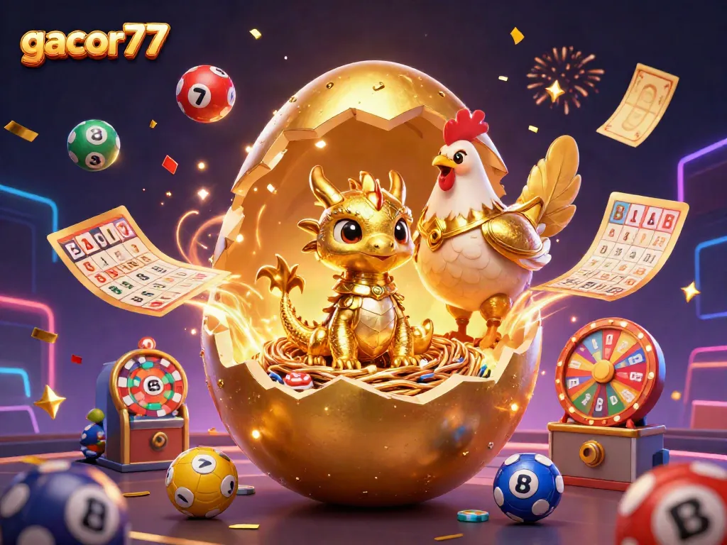 Gacor77 menampilkan naga bayi emas di atas chip poker, dikelilingi bola lotere berwarna-warni.