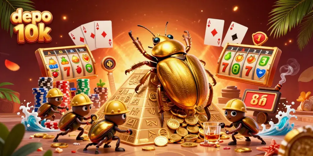 Permainan slot depo 10k menampilkan kumbang emas yang menarik uang logam di kasino digital.