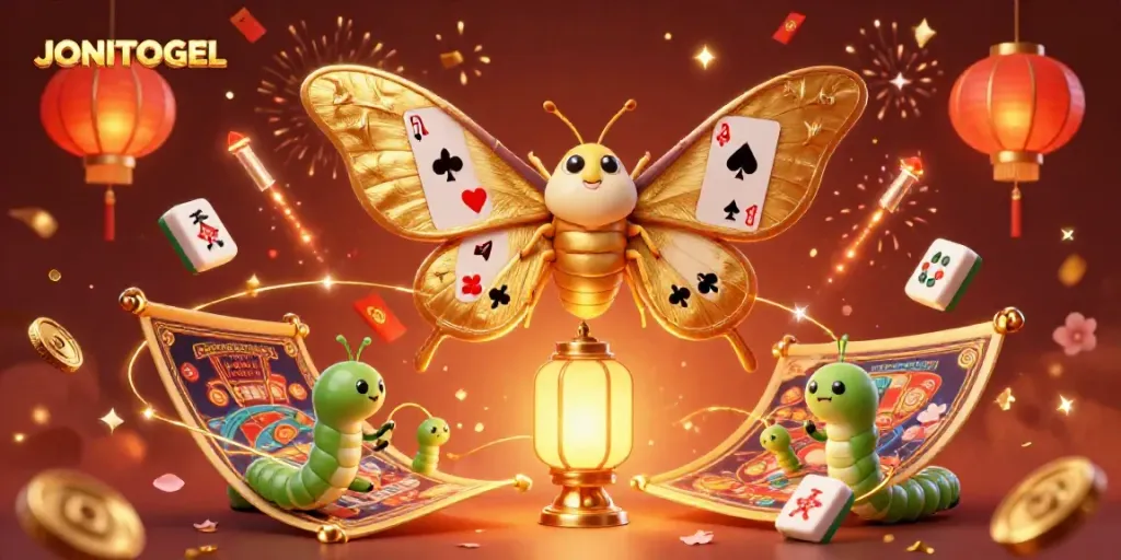 Engage with stunning JONITOGEL casino scenes illustrated in 3D featuring majestic moth and lantern elements.