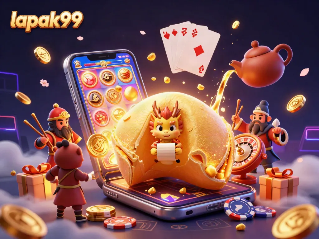 Experience thrilling wins with lapak99's vibrant 3D casino scene showcasing excitement and fortunes.