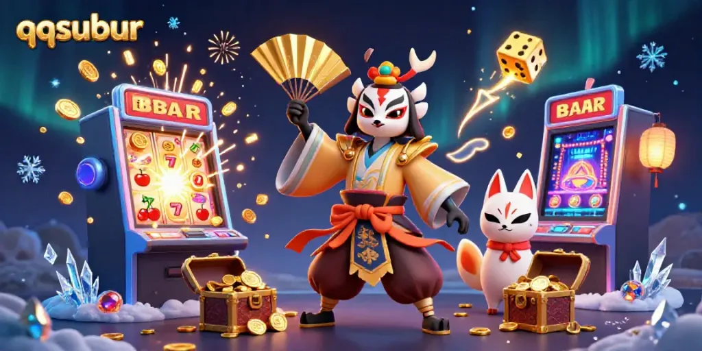 Experience the thrill of qqsubur with our vibrant 3D casino illustration showcasing dynamic game elements.