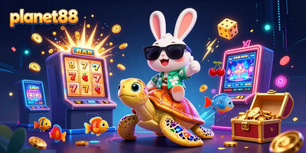 Spin and win at planet88 with a lucky rabbit and golden sea turtle in a vibrant casino scene bursting with fun.