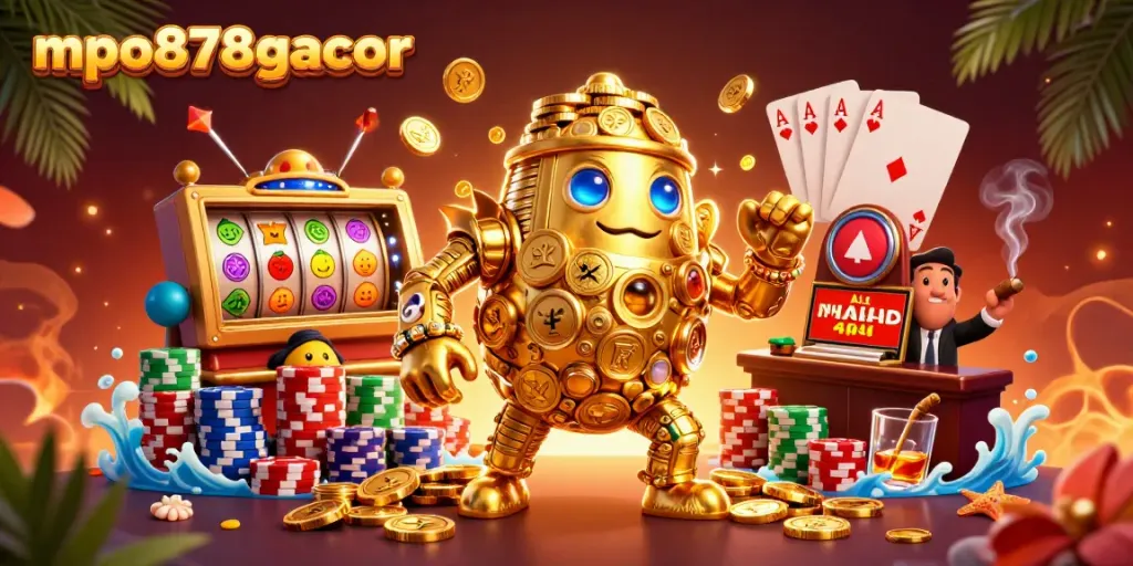 Mainkan mpo878gacor dengan simbol slot yang bersinar dan karakter menarik dalam suasana cerah.