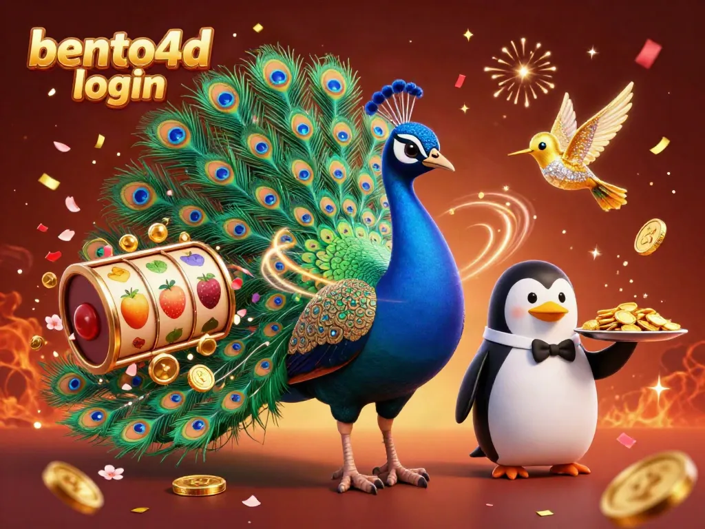 Experience bento4d login with this vibrant 3D casino scene showcasing a peacock, penguin, and hummingbird.