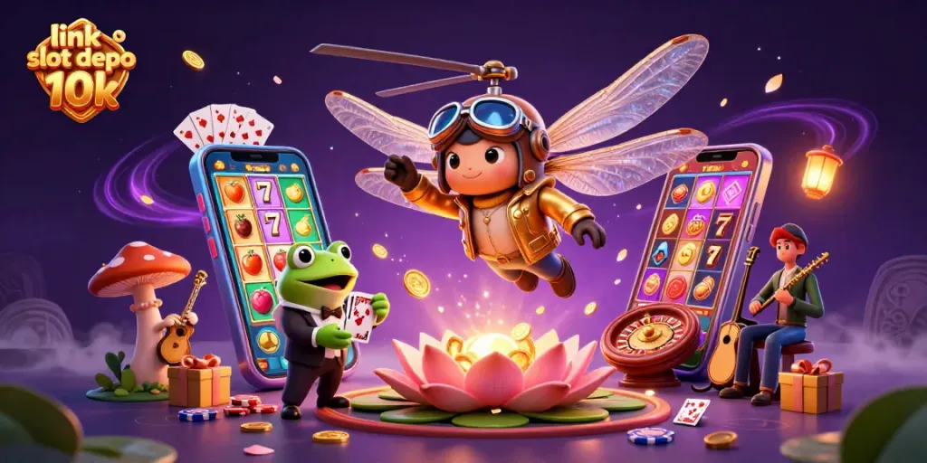 Engage with thrilling action on link slot depo 10k, featuring vibrant slot games and a captivating casino scene.