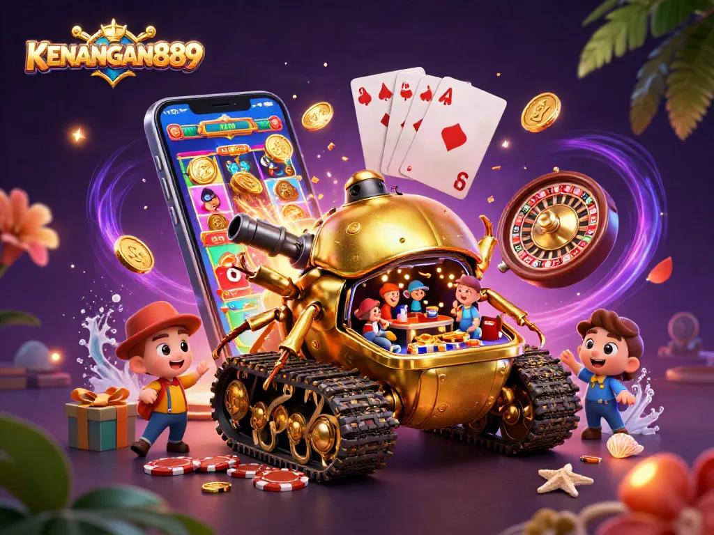 Experience the excitement of KENANGAN889 with a vivid 3D casino illustration showcasing a vibrant gaming scene.