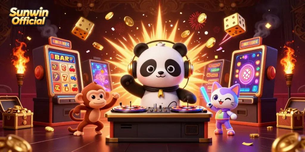 Experience the excitement of Sunwin Official with a vibrant 3D casino scene showcasing a DJ panda, breakdancing monkey, and rave kitten.