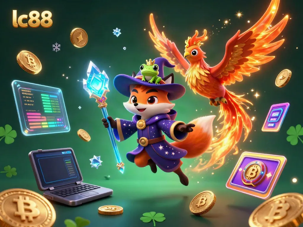 Engage with the magical lc88 gambling experience through a dynamic casino scene featuring a wizard fox, phoenix, and fire sparks.