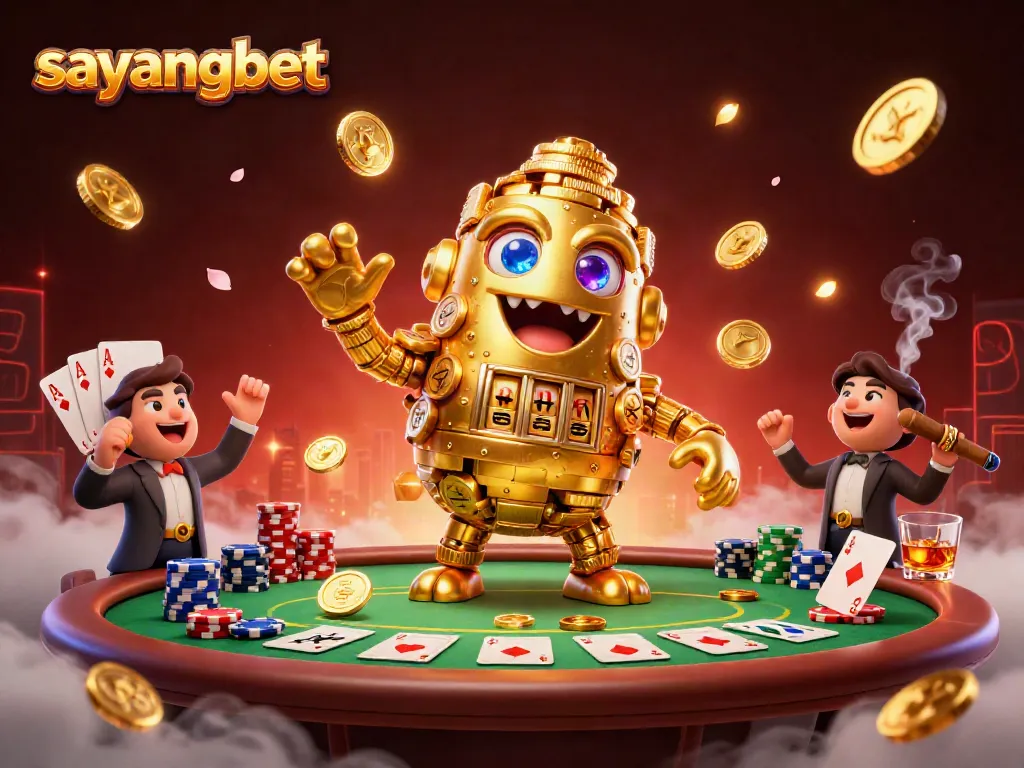 Experience thrilling gameplay with Sayangbet's dynamic 3D casino scene featuring a golden golem and poker elements.