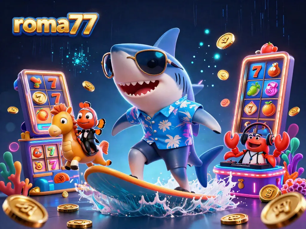 Menangkan jackpot dengan roma77 dalam ilustrasi kasino penuh aksi yang menggambarkan karakter 3D unik.