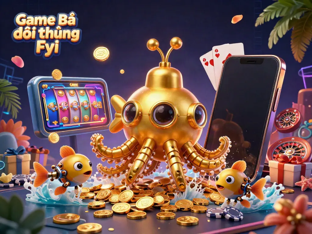 Engage with Game Bài Đổi Thưởng Fyi through dynamic 3D illustration featuring a golden kraken submarine and casino elements.