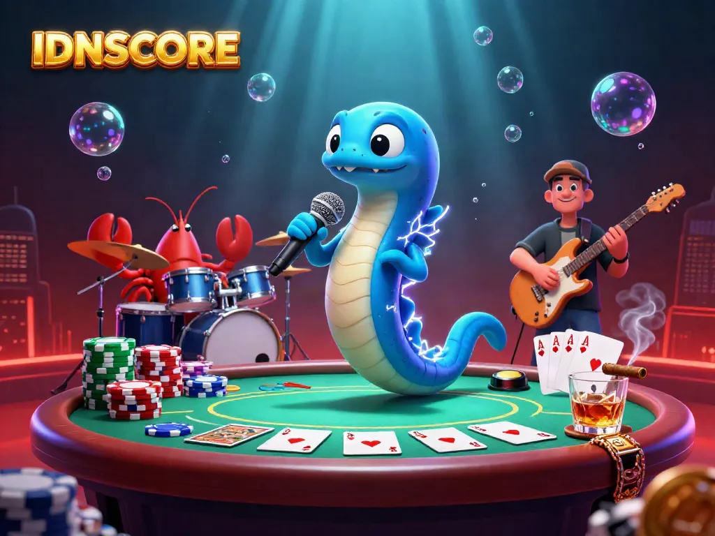 Experience the vibrant energy of IDNSCORE's underwater casino with a DJ eel performance and poker elements.