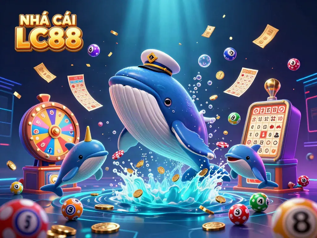 Engage in thrilling action with NHÀ CÁI LC88, featuring a playful whale and lively dolphins amidst vibrant casino elements.