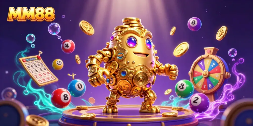 Engage in vibrant games at MM88 with a golden golem symbolizing luck and fortune in this 3D illustration.