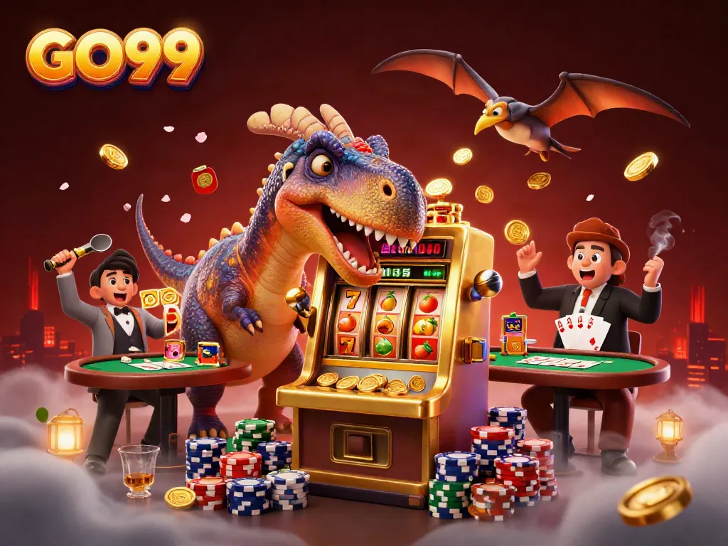 GO99 casino scene with a pachycephalosaurus hitting a slot machine, and coins flying around.