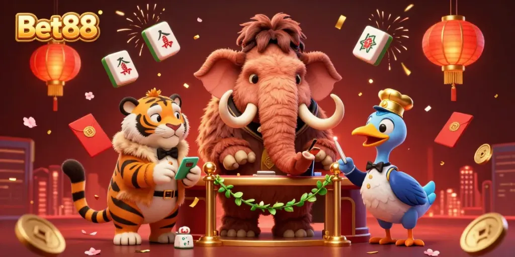 Bet88's vibrant casino scene featuring a woolly mammoth bouncer, a saber-tooth tiger guest, and festive decor.