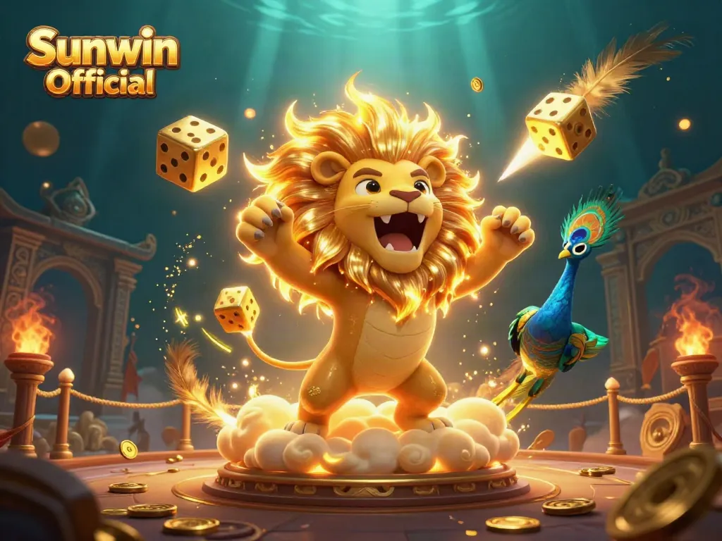 Engaging Sunwin Official online gaming scene with vibrant casino elements and a dynamic lion character.