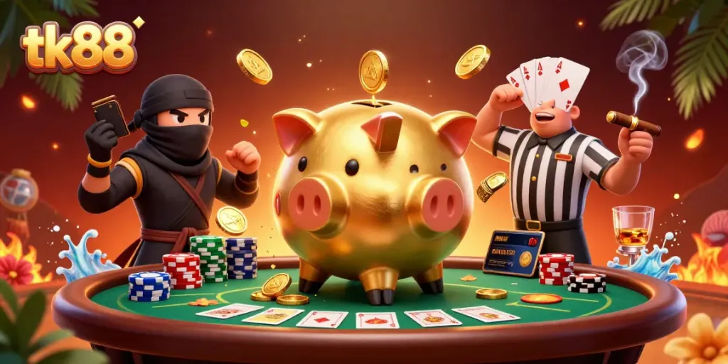 Experience the excitement of tk88 with this dynamic 3D casino scene featuring unique characters.