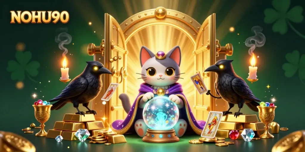 Engage in thrilling gameplay with NOHU90's vibrant 3D illustration showcasing mystical characters and treasures.