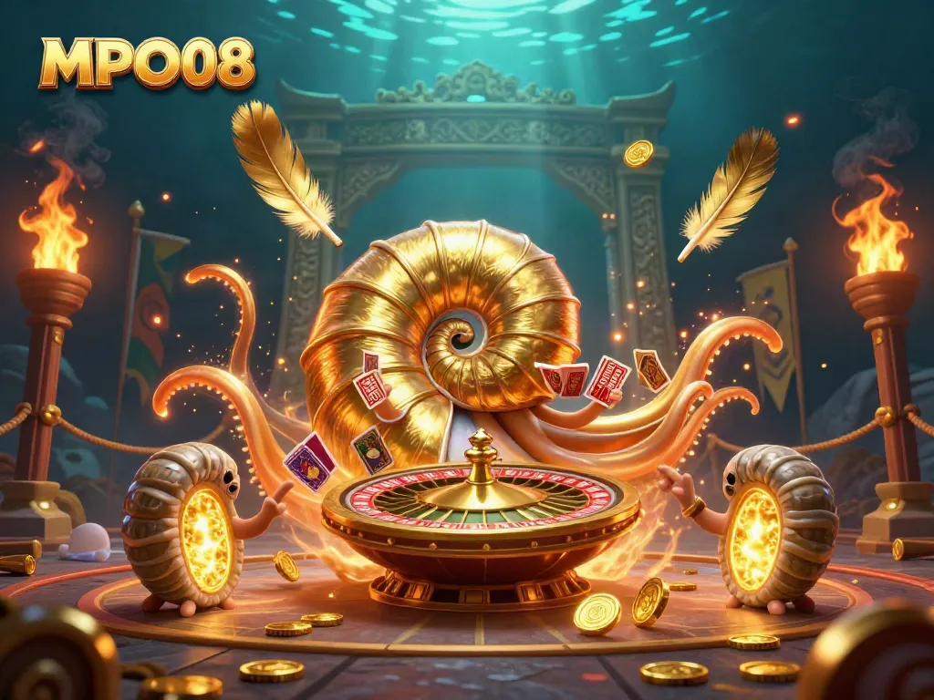 MPO08 showcases a thrilling 3D illustration of a giant nautilus roulette wheel surrounded by golden casino elements.