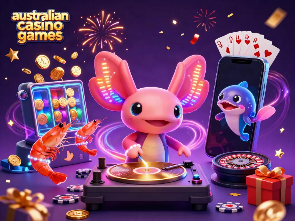 Experience dynamic australian casino games with a neon-colored DJ axolotl spinning golden records.