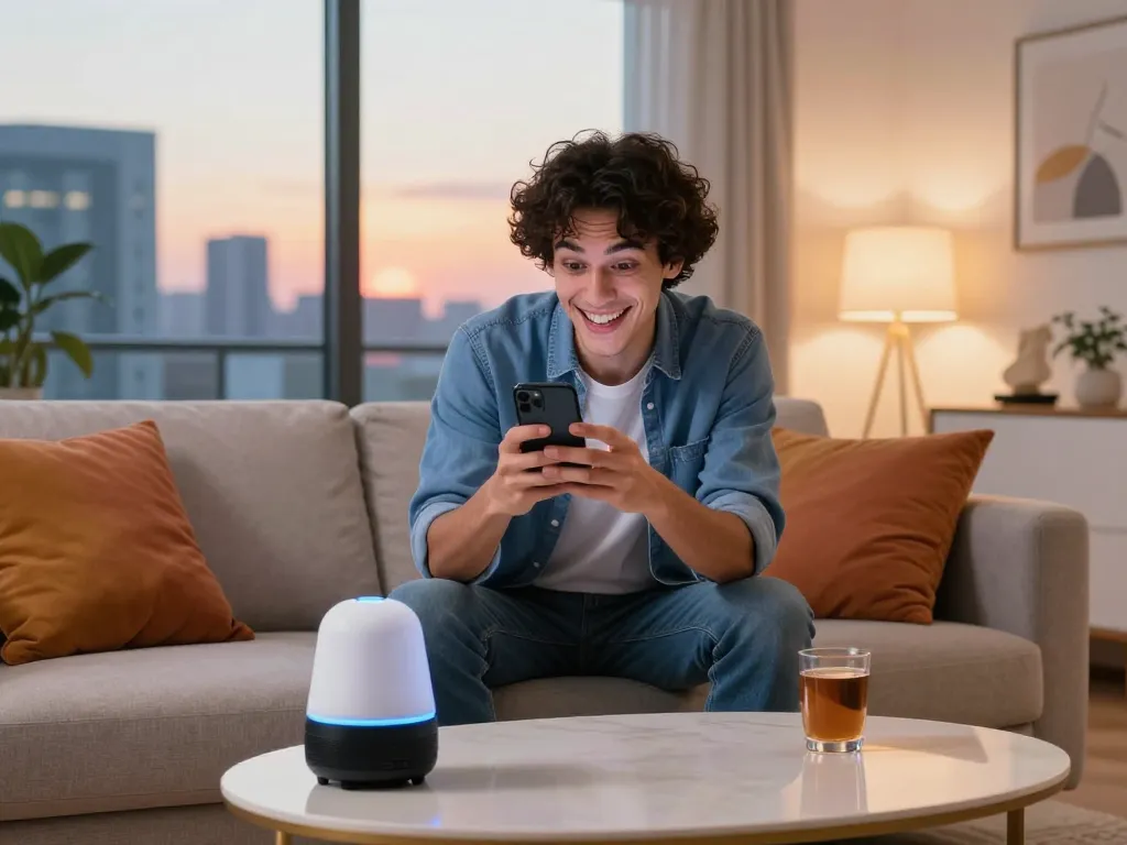Engaging in AI sexting in a stylish apartment, showcasing modern interaction and intimacy.