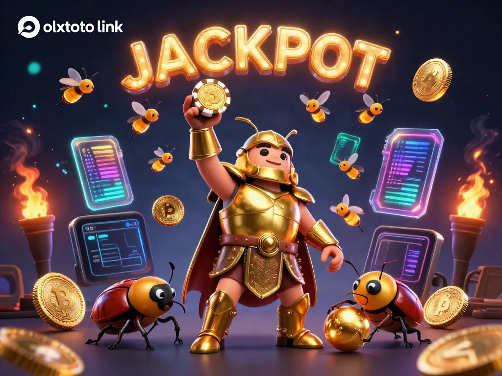 Engage with the olxtoto link as a cartoon beetle celebrates with a jackpot, showcasing vibrant gambling elements.
