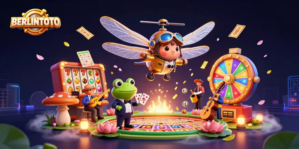 Experience the excitement of BERLINTOTO with a captivating casino scene featuring a vibrant dragonfly pilot and unique game elements.